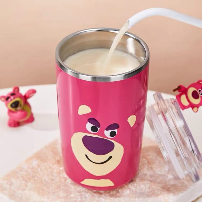 450ml strawberry themed vacuum cup with Huggin' Bear design, Insulated Stainless Steel Tumbler with Straw.