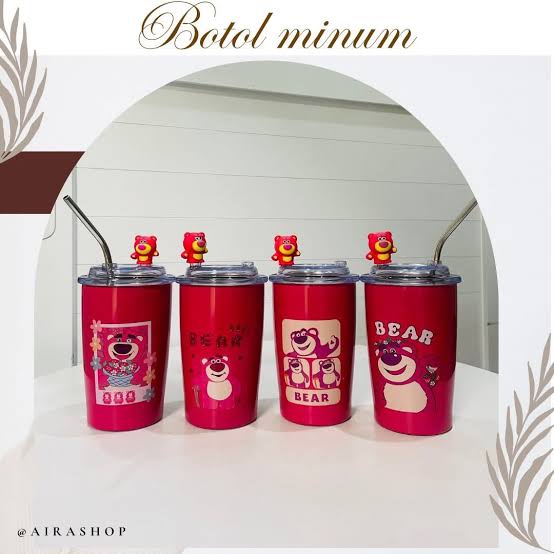 450ml strawberry themed vacuum cup with Huggin' Bear design, Insulated Stainless Steel Tumbler with Straw.