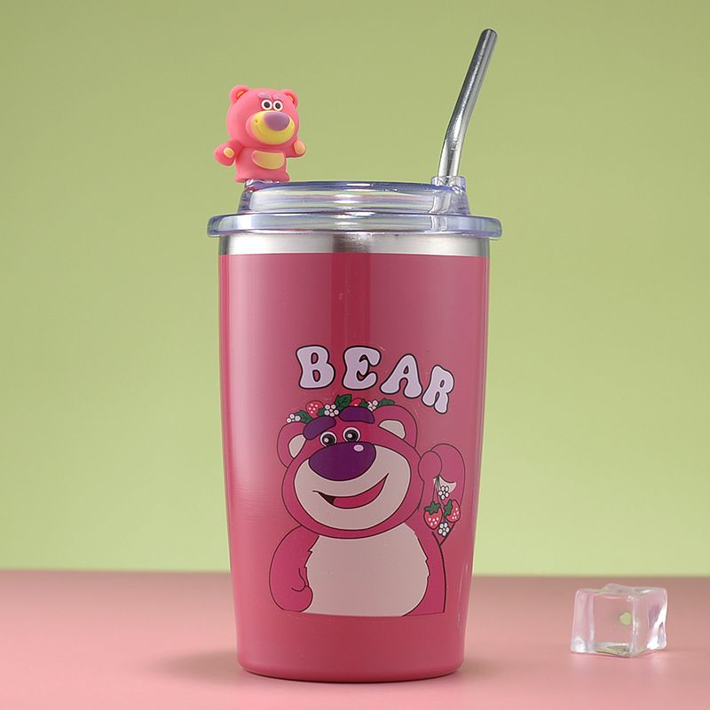 450ml strawberry themed vacuum cup with Huggin' Bear design, Insulated Stainless Steel Tumbler with Straw.