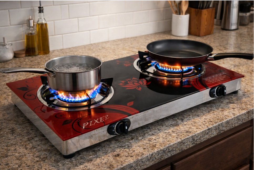 Pixel Double Glass Gas Burner Stove With Automatic Ignition -multi-colour