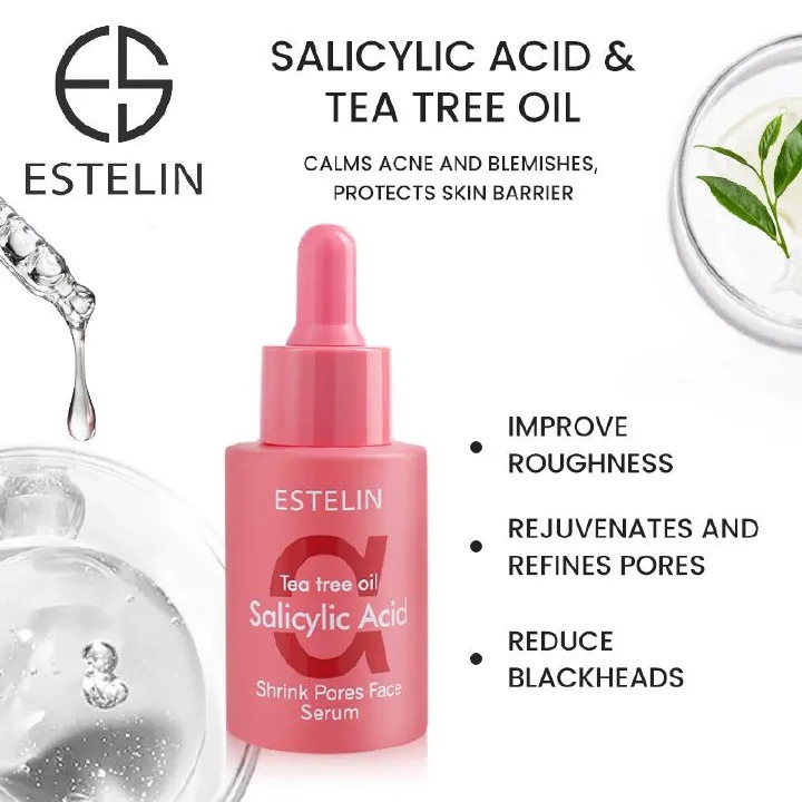 Estelin Tea Tree Oil Salicylic Acid Face Serum 30ml Anti Acne Pore Minimizing Serum Oil Control Hydrating Skin Repair Brightening Shrink Pores Facial Essence For Oily Acne Prone Skin Daily Skincare