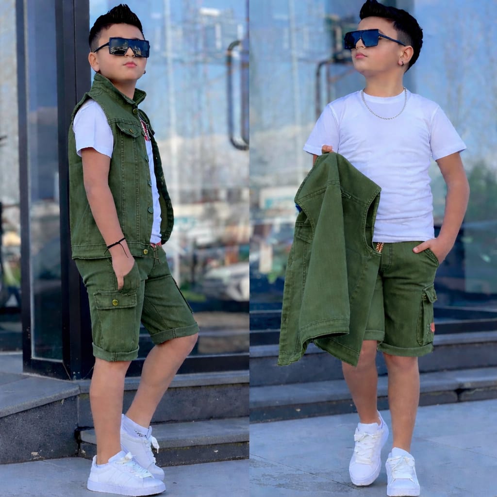 Boys 3 Piece Shorts Set Top Shorts and Coat Kids Outfit Stylish Comfortable Durable Children Clothing Set for Play School Casual Wear Summer Fashion Ages 3 to 12 Years