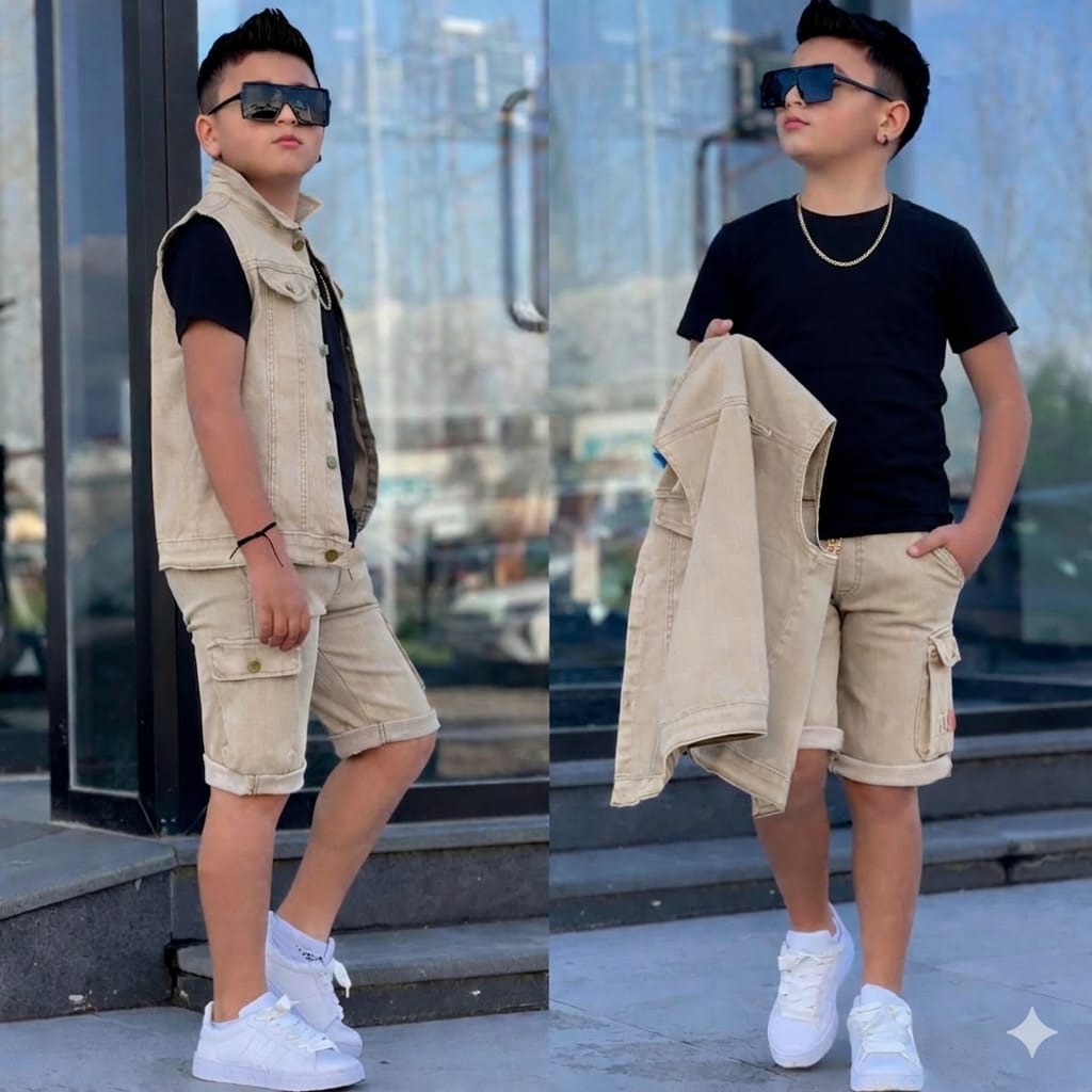 Boys 3 Piece Shorts Set Top Shorts and Coat Kids Outfit Stylish Comfortable Durable Children Clothing Set for Play School Casual Wear Summer Fashion Ages 3 to 12 Years