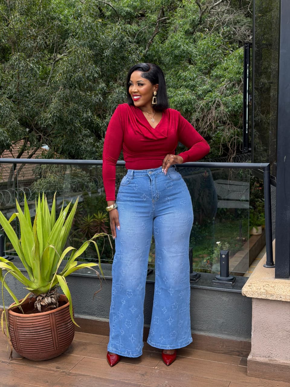 Women Monogram Print Wide Leg Jeans Stretchy Denim High Waist Ladies Pants Trendy Fashion Trousers Comfortable Premium Quality Wide Fit Sizes 27 to 36