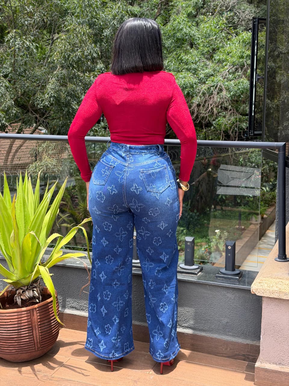 Women Monogram Print Wide Leg Jeans Stretchy Denim High Waist Ladies Pants Trendy Fashion Trousers Comfortable Premium Quality Wide Fit Sizes 27 to 36