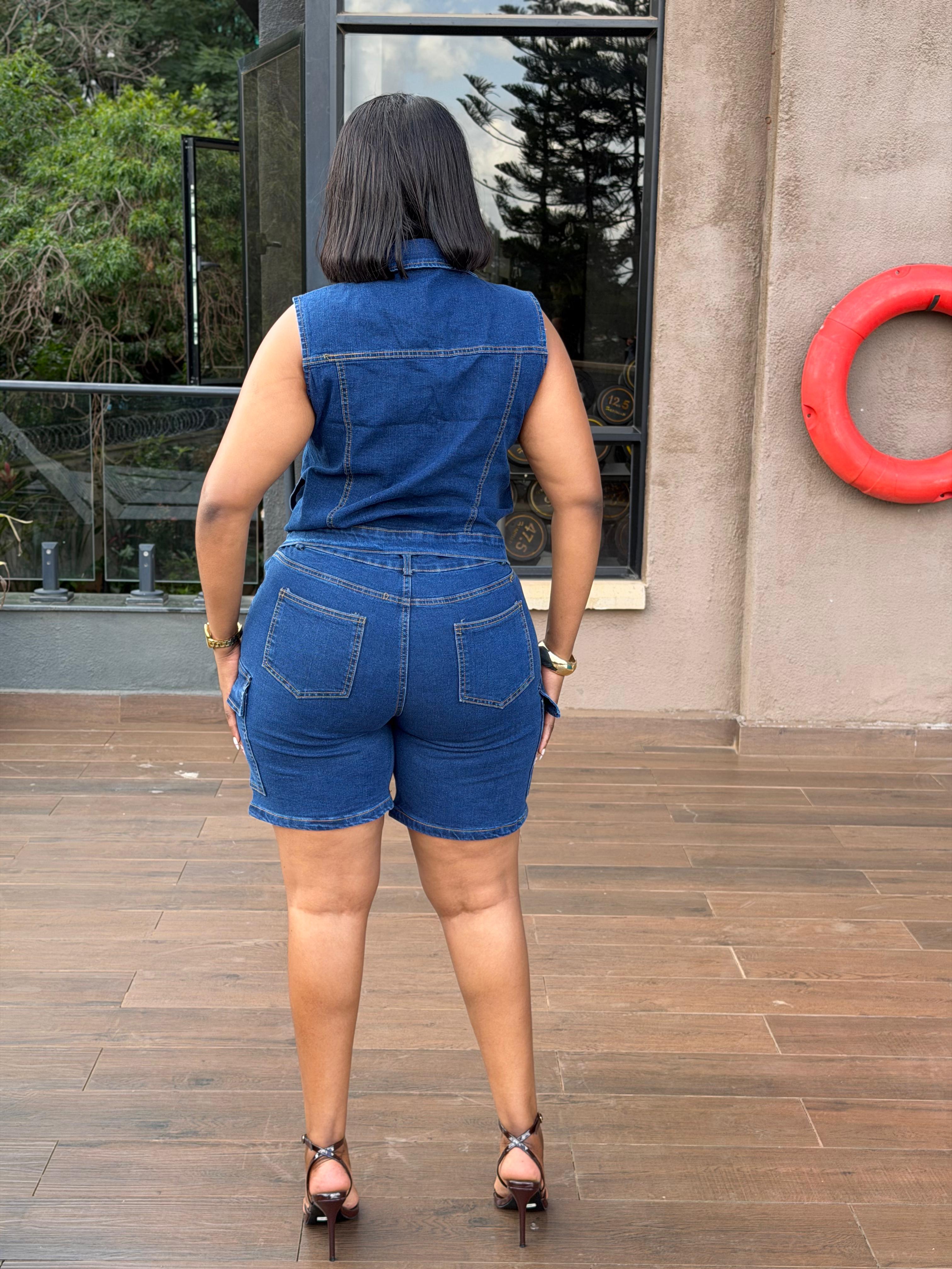 Women Denim Cargo Short Set 2 Piece Outfit Premium Stretchy Heavy Denim Top and Cargo Shorts Stylish Casual Streetwear Durable Fashion Sizes 30 to 38