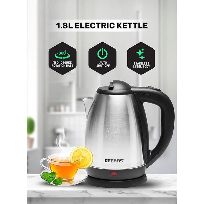 Geepas GK5454B 1.8L Electric Kettle 1500W – Stainless Steel, Auto Shut-Off, Boil-Dry Protection, Safety Lock Lid & 360° Rotational Base