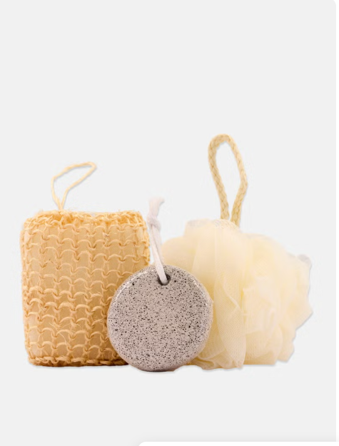 Haoda "Touching Tour" Bath Set, containing a mesh loofah sponge and an exfoliating bath mitt or back scrubber, designed for full-body cleansing and exfoliation