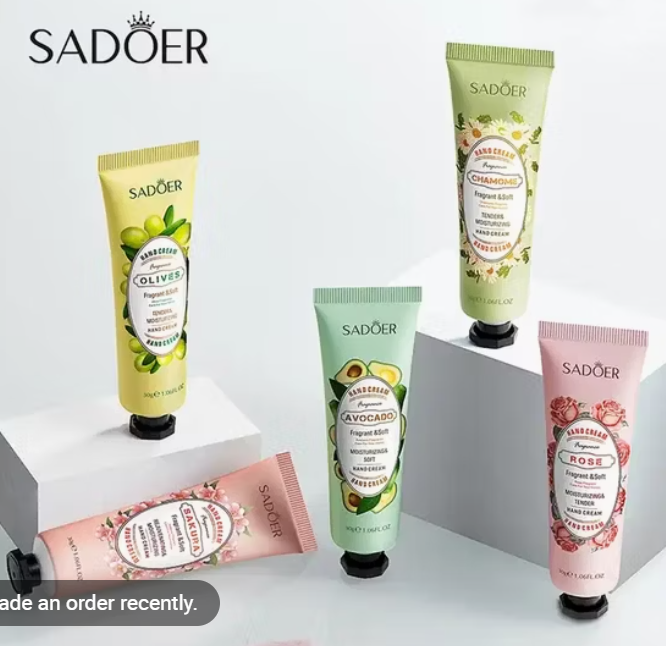 Sadoer Fragrant Moisturizing Hand Cream Collection lightweight, with a fast-absorbing formulas and wide variety of fruit and botanical scents convenient for on-the-go use in Nourishment and Softening