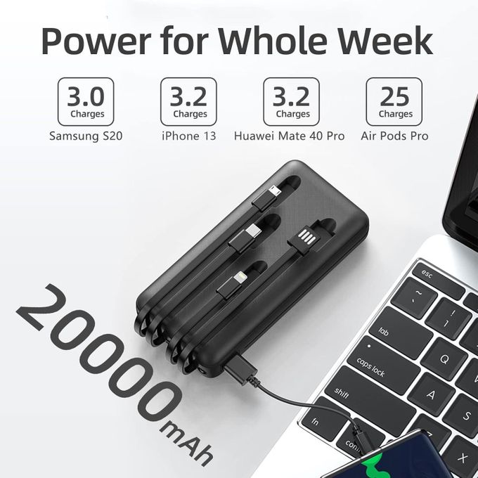 ZHY 20000mah Power Bank Ultra High Capacity With Inbuilt Cables (Type-C, Micro, Lightening and USB)Fast Charging PowerBank - Black.