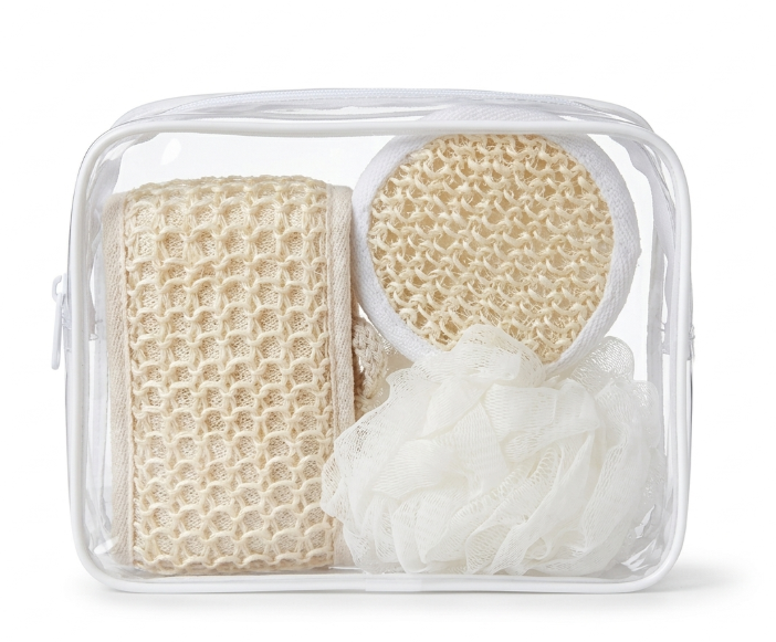 Haoda "Touching Tour" Bath Set, containing a mesh loofah sponge and an exfoliating bath mitt or back scrubber, designed for full-body cleansing and exfoliation