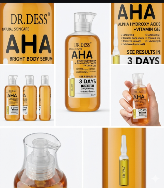 Dr Dess AHA Bright Body Serum Body Oil with Vitamin C and E Moisturizing Skin Firming Brightening Removes Acne and Dark Spots brighten skin, fade dark spots, and reduce acne Soothes Inflammation
