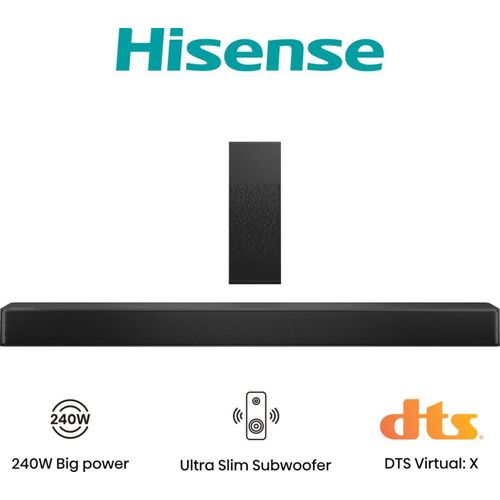Hisense HS2100 2.1 Ch 240W Sound Bar with Wireless Subwoofer - DTS Virtual X, Dolby Audio, Ezplay, 6 EQ Modes, HDMI ARC, Bluetooth 5.3 Subwoofer HDMI ARC , Bluetooth - 1 Yr Warranty