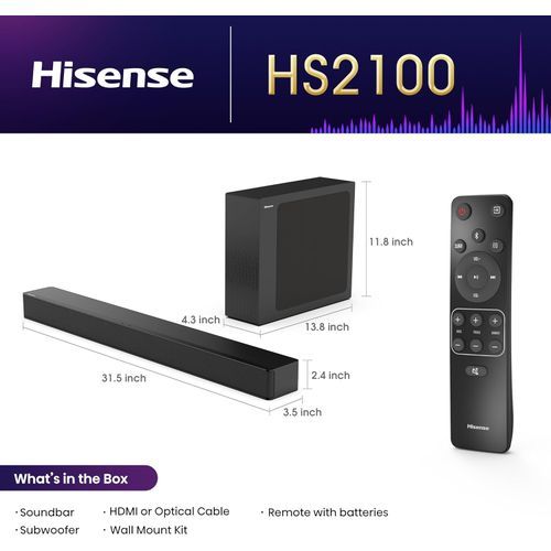 Hisense HS2100 2.1 Ch 240W Sound Bar with Wireless Subwoofer - DTS Virtual X, Dolby Audio, Ezplay, 6 EQ Modes, HDMI ARC, Bluetooth 5.3 Subwoofer HDMI ARC , Bluetooth - 1 Yr Warranty