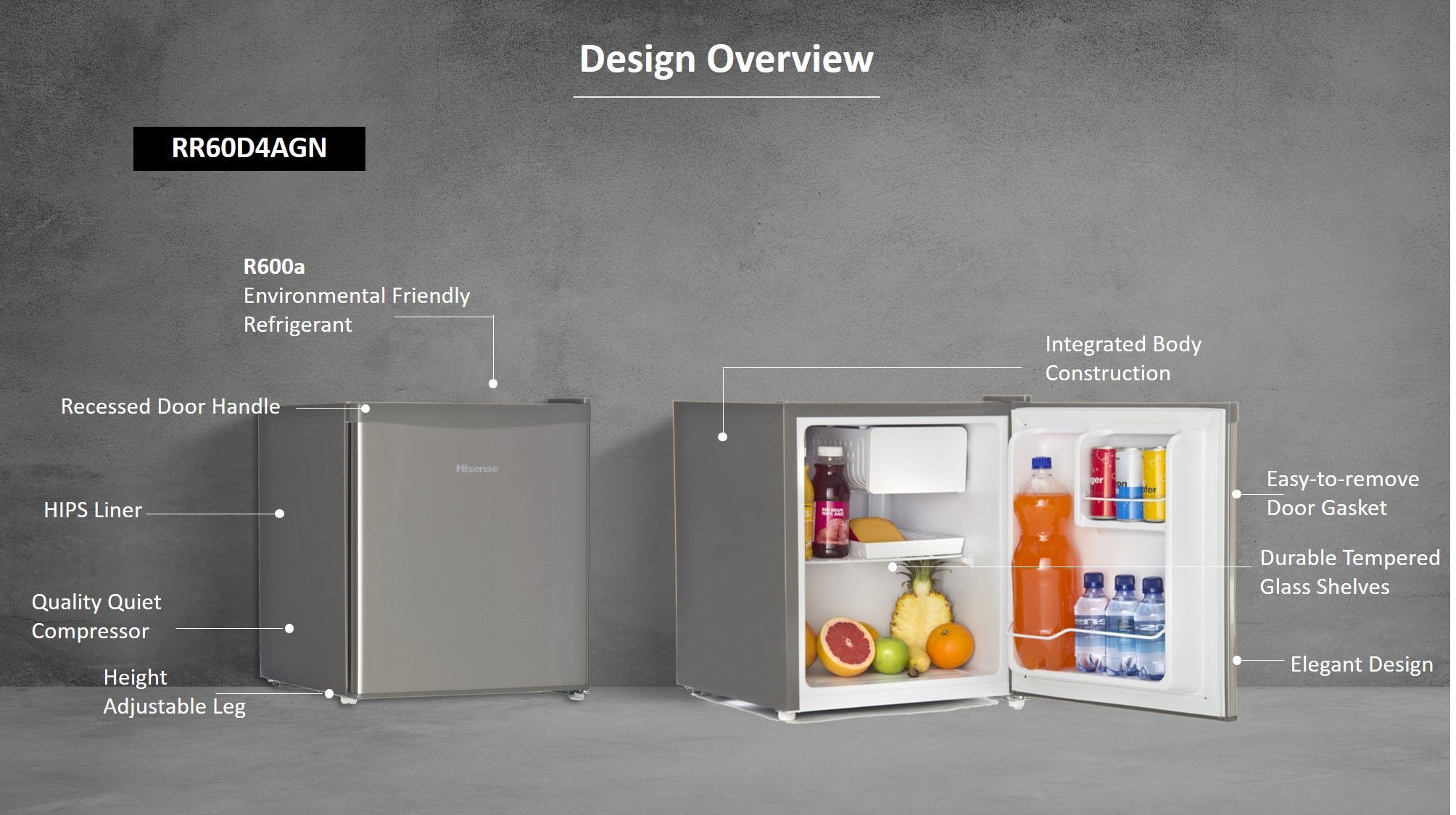 Hisense 60 Liters (Net 44L) 1-Door Mini Fridge (Bar Fridge) Defrost, RR60DAGS0 – Silver (3YRs WRTY)