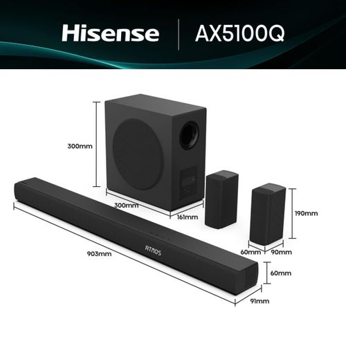 Hisense AX5100Q 5.1 Channel Soundbar System – 580W Powerful Home Theatre Audio, Dolby Atmos & Dolby Audio, Wireless Subwoofer, Bluetooth 5.3, HDMI ARC & Optical Input, Surround Sound Speaker System