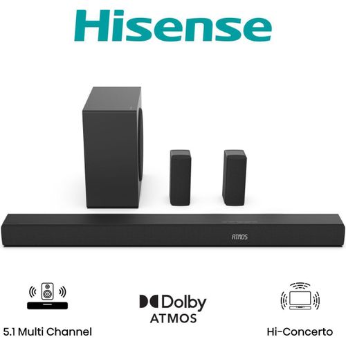 Hisense AX5100Q 5.1 Channel Soundbar System – 580W Powerful Home Theatre Audio, Dolby Atmos & Dolby Audio, Wireless Subwoofer, Bluetooth 5.3, HDMI ARC & Optical Input, Surround Sound Speaker System