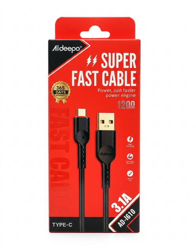 Aldeepo 1.2M 3.1A Super Fast Type C Cable AD-I610 for ultra-fast charging Delivers up to 3.1A current for rapid power delivery offersing flexible, convenient reach