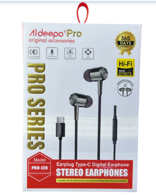 Aldeepo Pro-J28 Type-C Earphones offer clear stereo sound with enhanced bass and have magnetic earbuds help keep the earphones neatly secured when not in use.