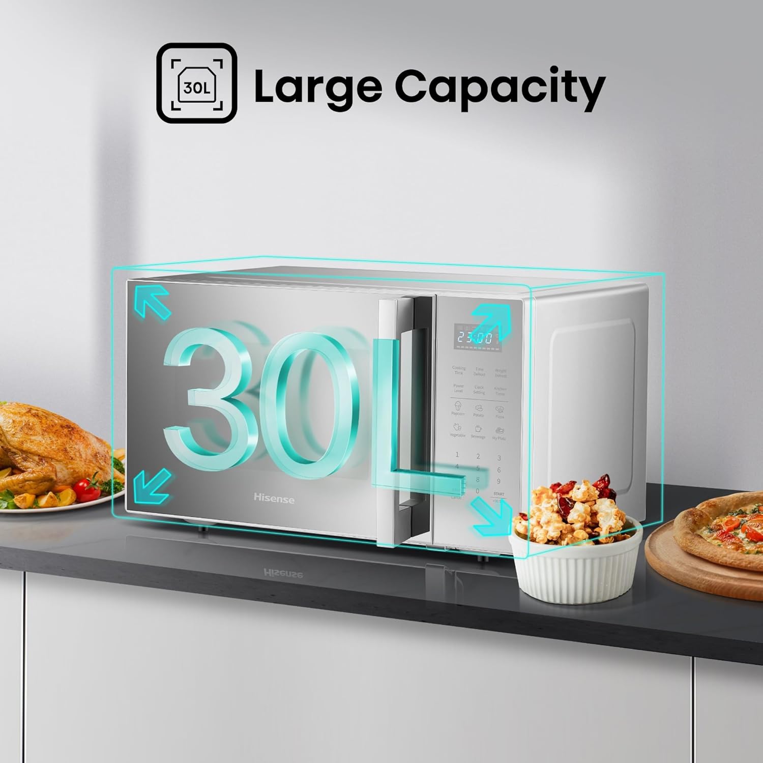 Hisense 30L Digital Microwave Oven (H30MOMS9H) - 900W High Power, 6 Auto-Cooking Menus, Defrost Function & Child Lock - Mirror Silver Finish - 12 Months Warranty - Genuine Hisense Quality