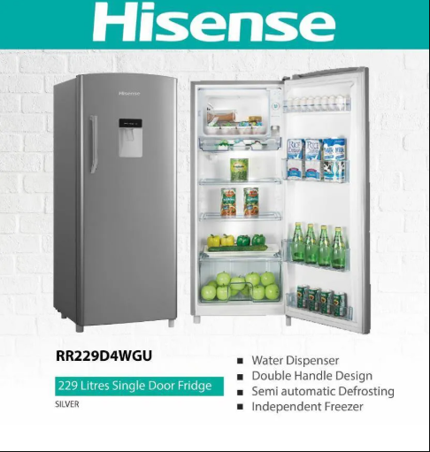 Hisense 229 Liters Refrigerator with Integrated Water Dispenser – Energy Efficient A++ Single Door Fridge, Silver, 1-Year Warranty – RR229D4WGU