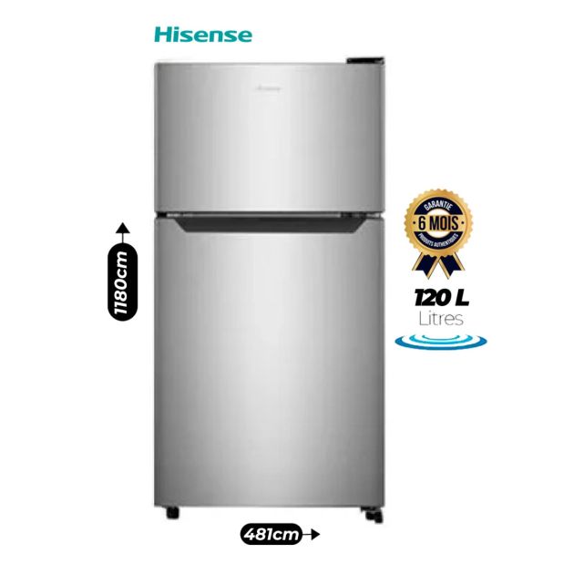 Hisense RD-12DR 120L Double Door Top Mount Fridge – Direct Cool, Energy Efficient Bar Refrigerator with Adjustable Tempered Glass Shelves, Vegetable Crisper & LED Light – Silver Finish