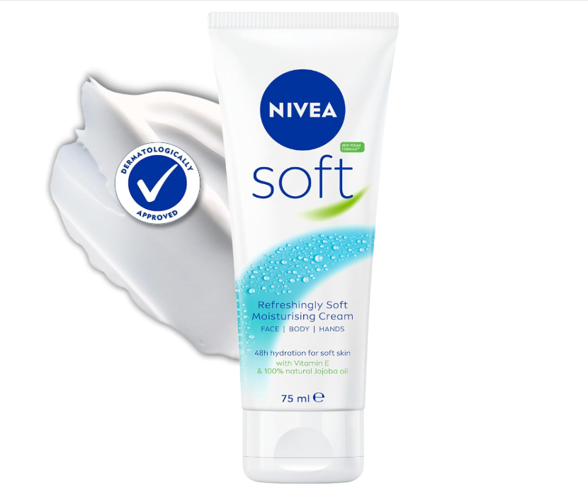 NIVEA Soft | All-Purpose Moisturizing Cream, 75mL (Tube) with quickly absorption and non-greasy feeling. It now also contains 95% naturally derived ingredients and is completely vegan.