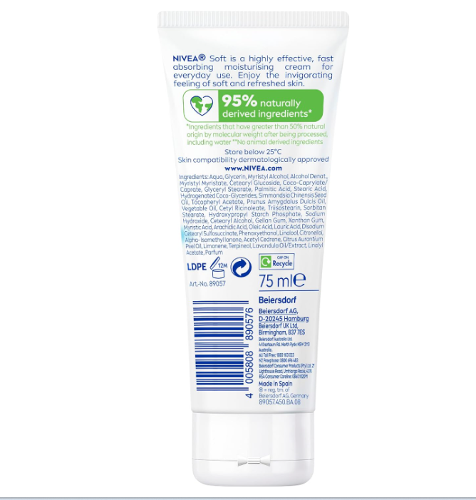 NIVEA Soft | All-Purpose Moisturizing Cream, 75mL (Tube) with quickly absorption and non-greasy feeling. It now also contains 95% naturally derived ingredients and is completely vegan.