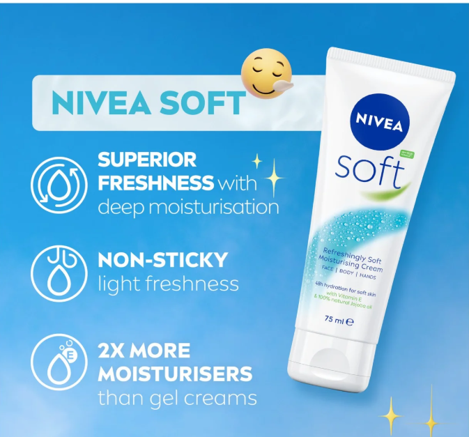 NIVEA Soft | All-Purpose Moisturizing Cream, 75mL (Tube) with quickly absorption and non-greasy feeling. It now also contains 95% naturally derived ingredients and is completely vegan.
