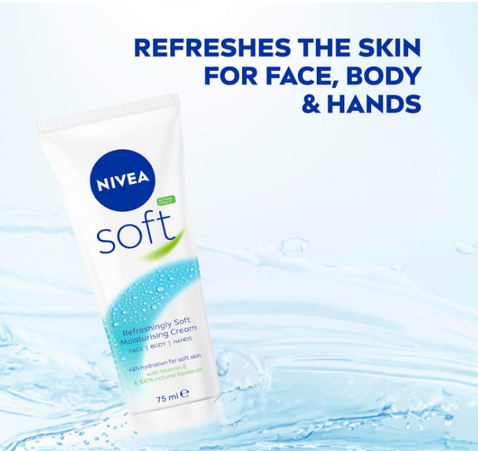 NIVEA Soft | All-Purpose Moisturizing Cream, 75mL (Tube) with quickly absorption and non-greasy feeling. It now also contains 95% naturally derived ingredients and is completely vegan.