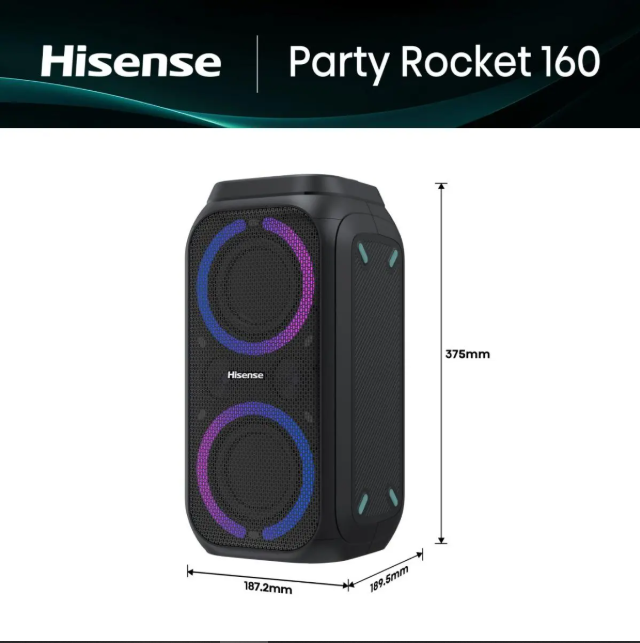 Hisense HP130 Party Rocker - Wireless Party Speaker with 300W Sound, Dynamic LED Light Show, Karaoke Mode, IPX4 Splashproof & FM Radio