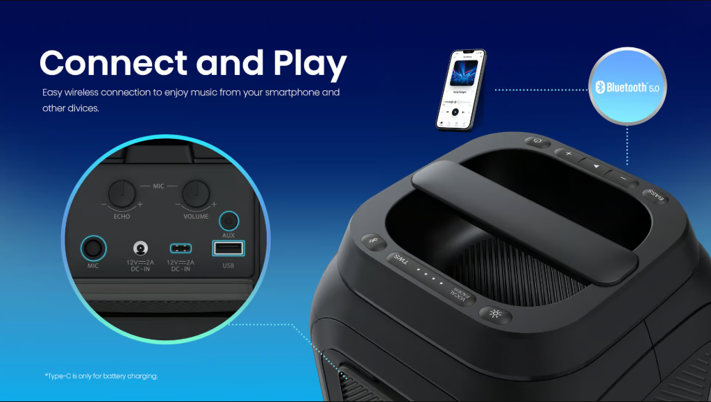 Hisense HP130 Party Rocker - Wireless Party Speaker with 300W Sound, Dynamic LED Light Show, Karaoke Mode, IPX4 Splashproof & FM Radio