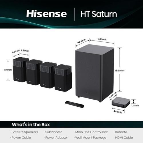 Hisense HT Saturn Soundbar System - 720W Max Output, Tuned by Devialet, Wireless 3D Surround Sound, HDMI eARC & Bluetooth 5.3, Room Calibration & Ultra-Sleek Design