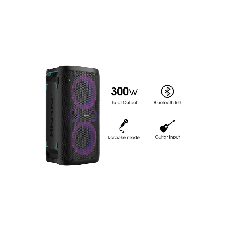 Hisense Party Rocker One 300W Portable Speaker - IPX4 Splashproof, Built-in FM Radio, LED Light Show & Car Charging Port Built-in Subwoofer, Guitar/Mic Input & Wireless Charger