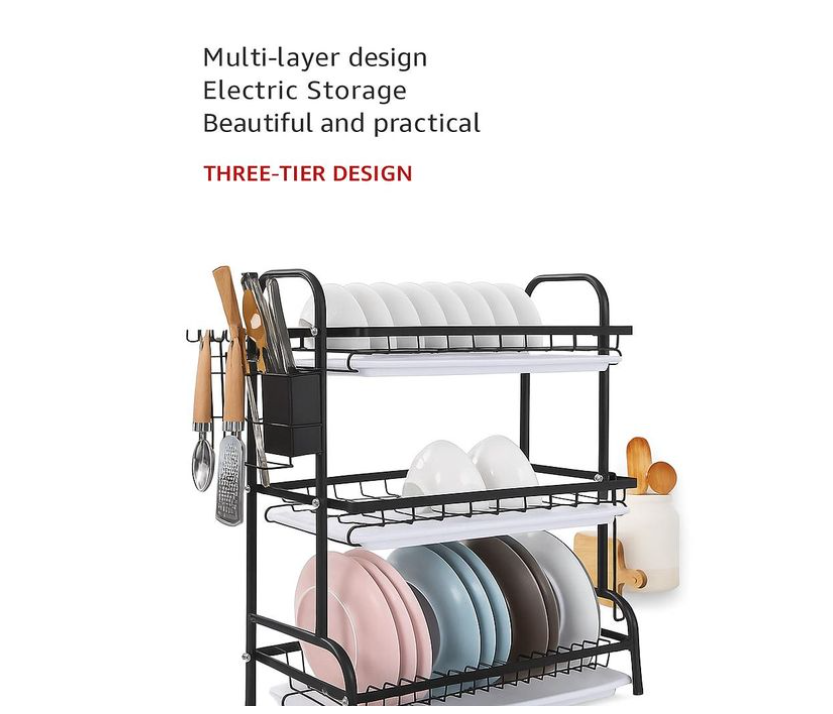 3-Tier Dish Rack Stainless Steel Dish Drainer - Black. This is a stainless steel cutlery rack with a large capacity design. It provides you with a variety of placement options to best suit yourkitchen