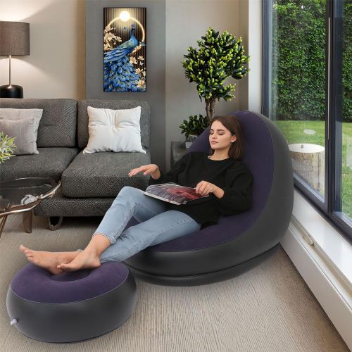 🔥Brand New 2in1 Large lazy inflatable sofa - Leisure inflatable chair - Flocking leisure inflatable lounge chair- Bean bag chair-Inflatable Seat With Footrest + Manual Pump