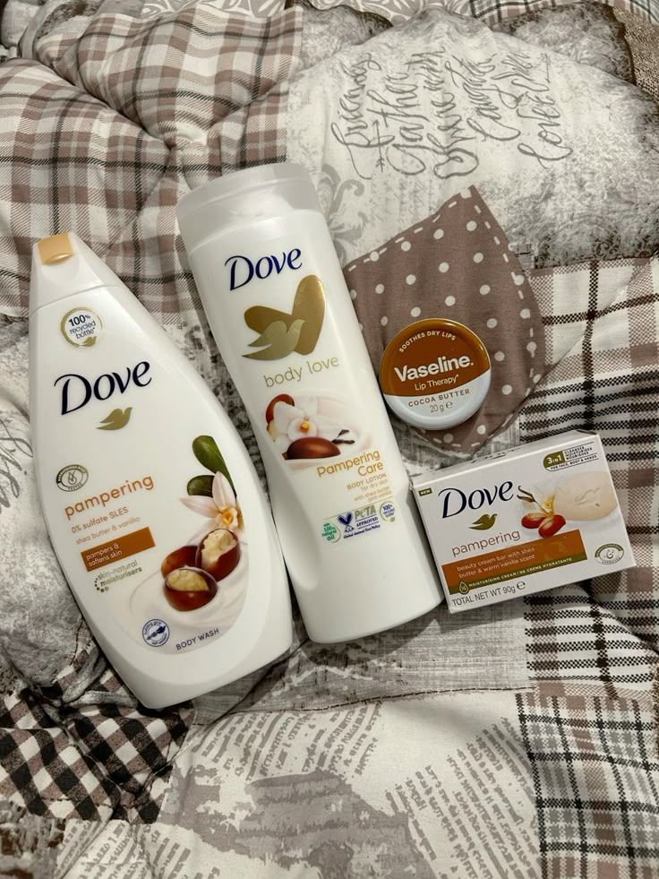 Dove skin care set /Dove Shea Butter & Warm Vanilla Pampering 4-in-1 body care set, which typically includes body wash, body lotion, a beauty bar, and Vaseline Lip Therapy.