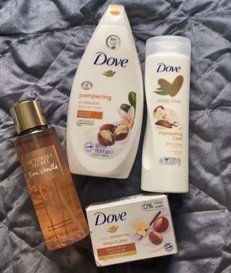 Dove skin care set/Dove 4-in-1 Pampering Shea Butter & Vanilla skincare set, which includes a body wash, body lotion, beauty bar soap, and a Victoria's Secret Bare Vanilla fragrance mist.