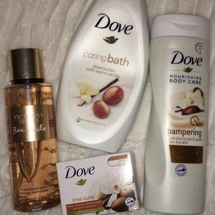 Dove skin care set/Dove 4-in-1 Pampering Shea Butter & Vanilla skincare set, which includes a body wash, body lotion, beauty bar soap, and a Victoria's Secret Bare Vanilla fragrance mist.