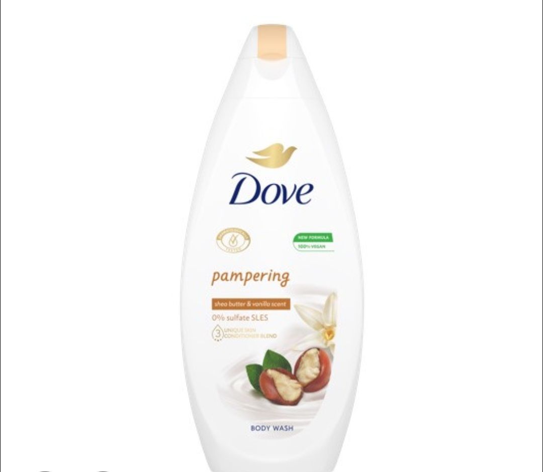Dove skin care set/Dove 4-in-1 Pampering Shea Butter & Vanilla skincare set, which includes a body wash, body lotion, beauty bar soap, and a Victoria's Secret Bare Vanilla fragrance mist.