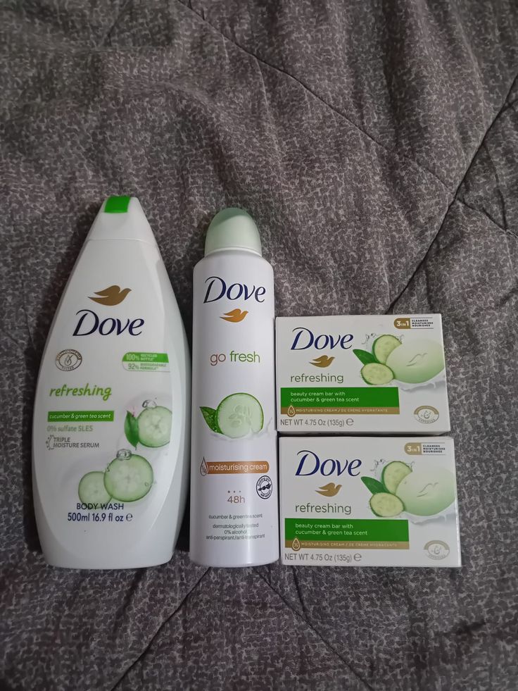 Dove skin care set /Dove Refreshing Cucumber & Green Tea product set, which typically includes a body wash, antiperspirant spray, and beauty bars.