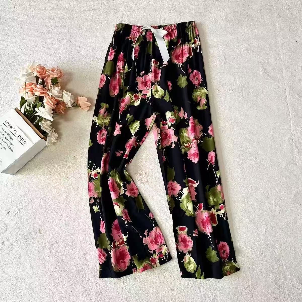 Women's Floral Print Cotton Silk Pajama Pants, Casual Loose Fit Nine-Point Sleep Trousers for Home Wear
