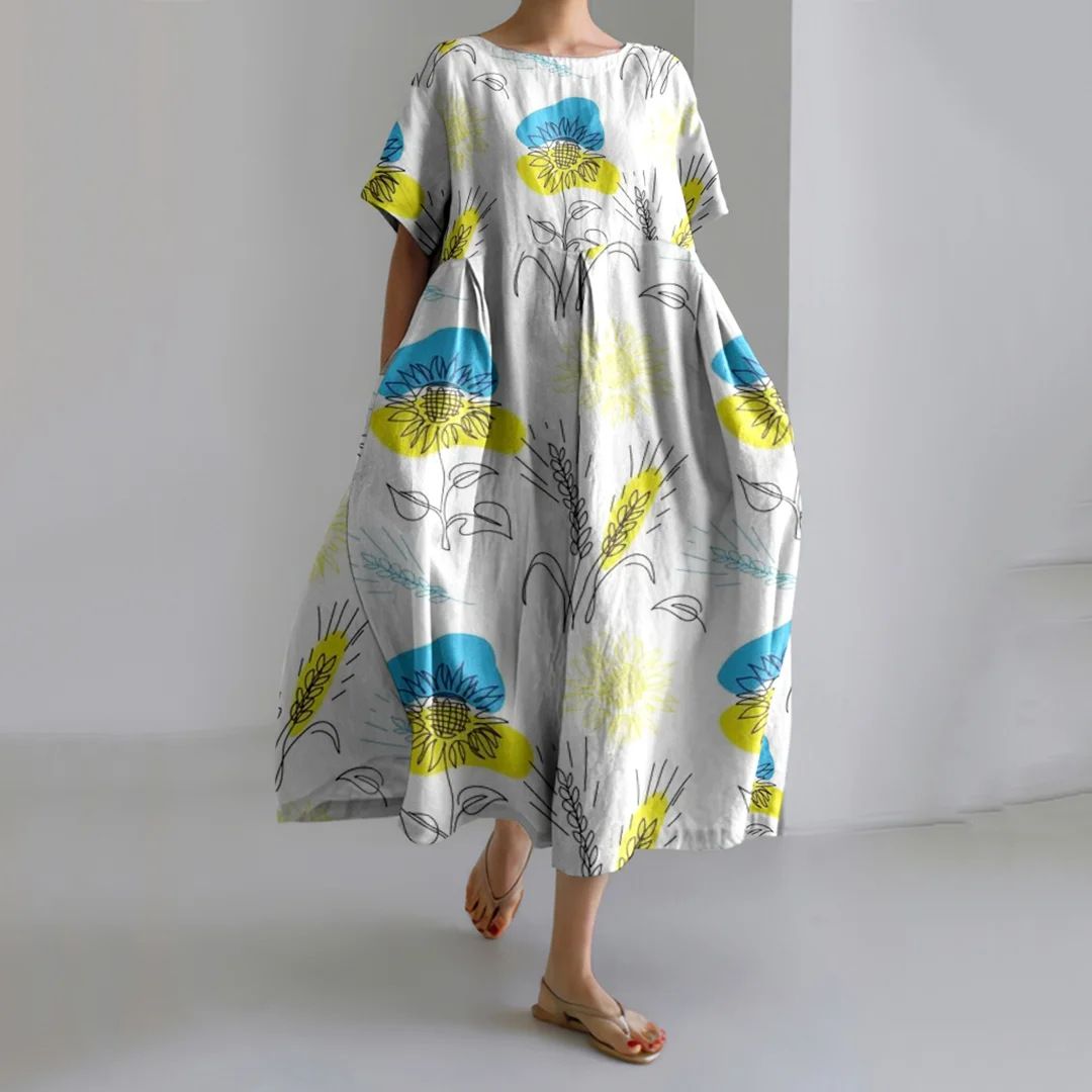 Women's 3D Floral Print Loose Maxi Dress - Casual Short Sleeve Round Neck Plus Size Dresses