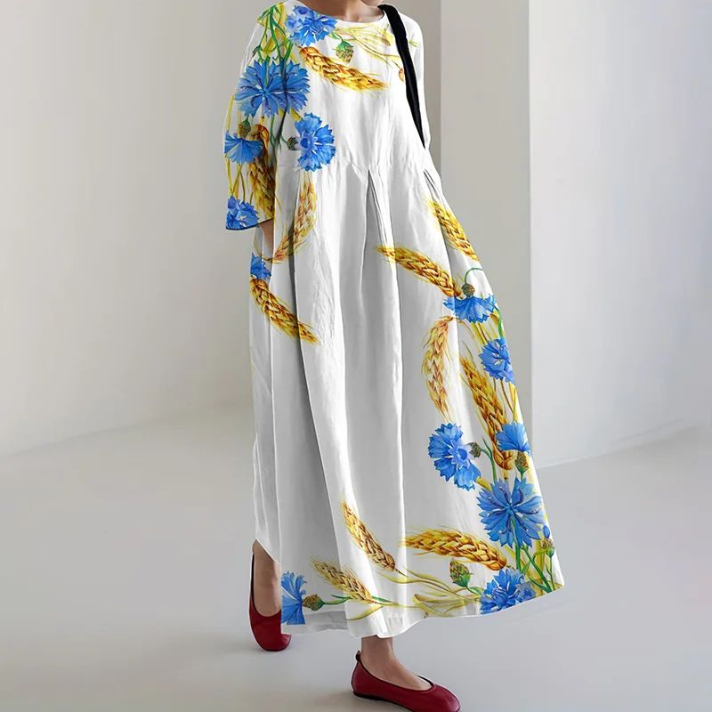Women's 3D Floral Print Loose Maxi Dress - Casual Short Sleeve Round Neck Plus Size Dresses