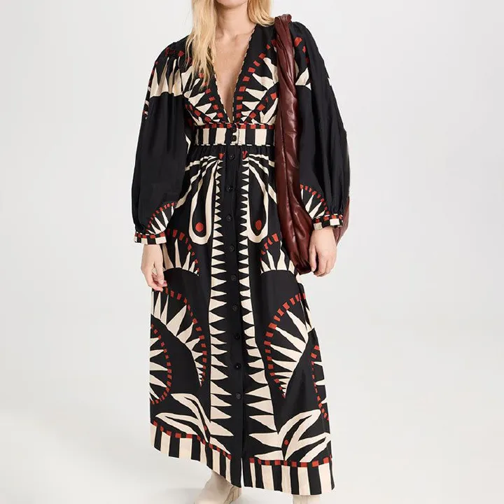 Women's Retro Geometric Print Maxi Dress - V Neck Lantern Sleeve High Waist Button Down Dress (S-3XL)