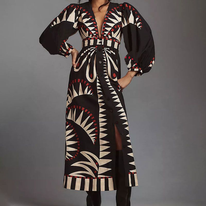 Women's Retro Geometric Print Maxi Dress - V Neck Lantern Sleeve High Waist Button Down Dress (S-3XL)