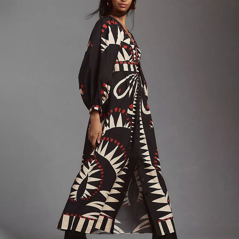 Women's Retro Geometric Print Maxi Dress - V Neck Lantern Sleeve High Waist Button Down Dress (S-3XL)