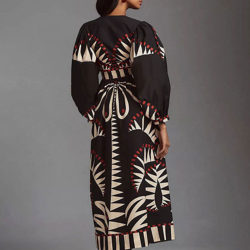 Women's Retro Geometric Print Maxi Dress - V Neck Lantern Sleeve High Waist Button Down Dress (S-3XL)