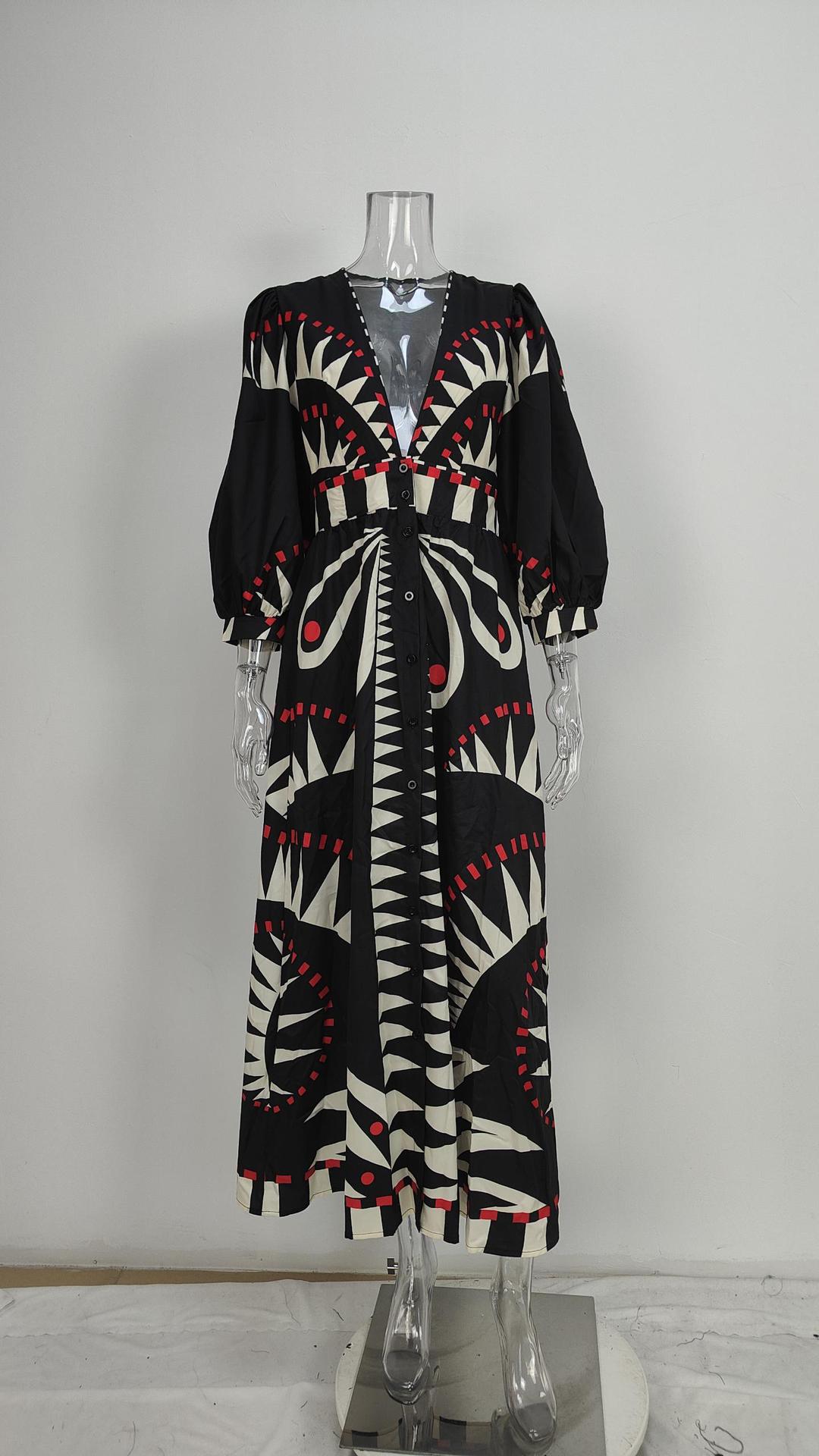 Women's Retro Geometric Print Maxi Dress - V Neck Lantern Sleeve High Waist Button Down Dress (S-3XL)