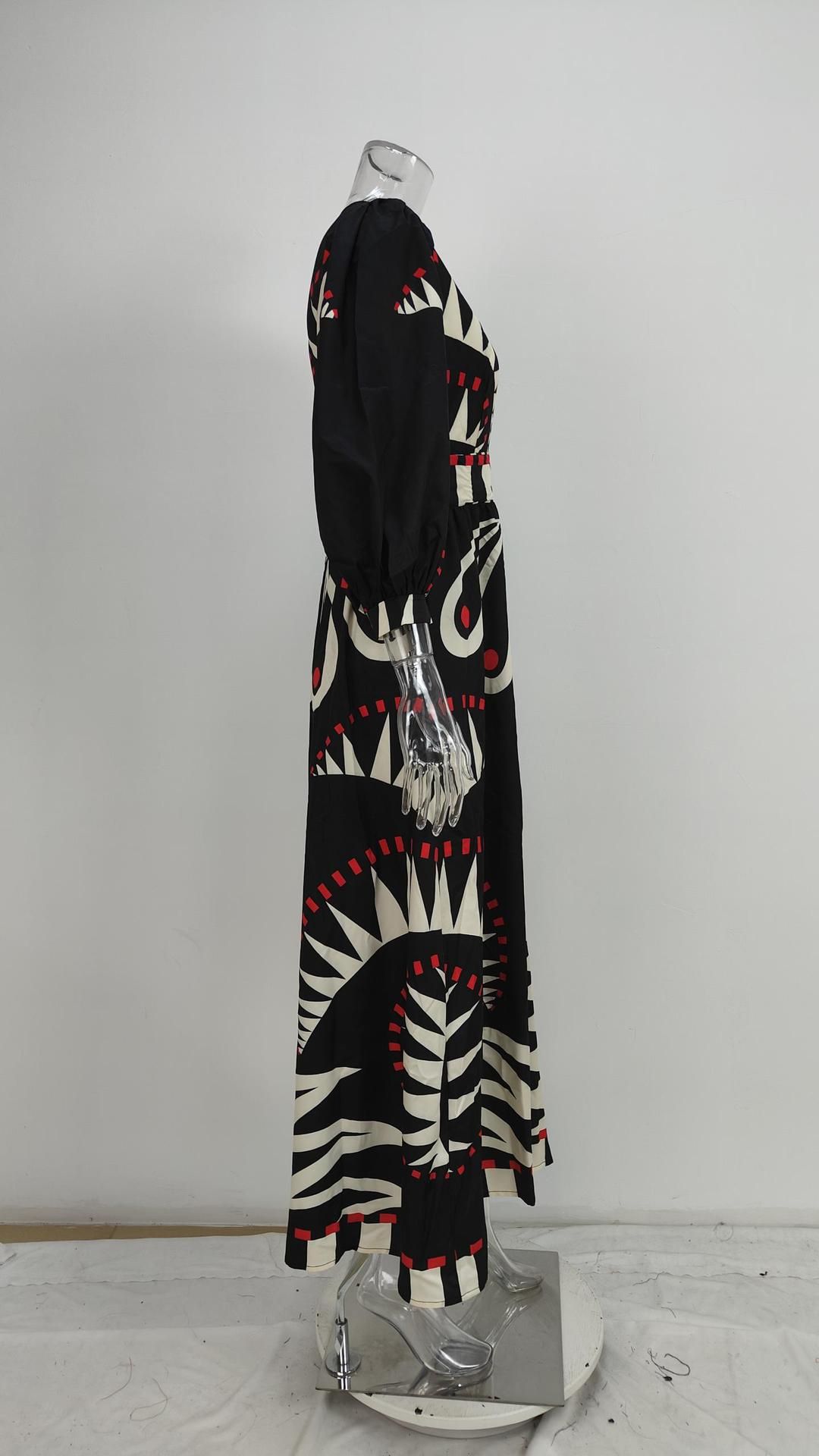 Women's Retro Geometric Print Maxi Dress - V Neck Lantern Sleeve High Waist Button Down Dress (S-3XL)